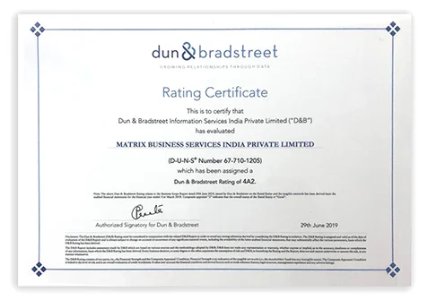 Dun and Bradstreet assigned business rating ‘4A2’ to Matrix Business Services